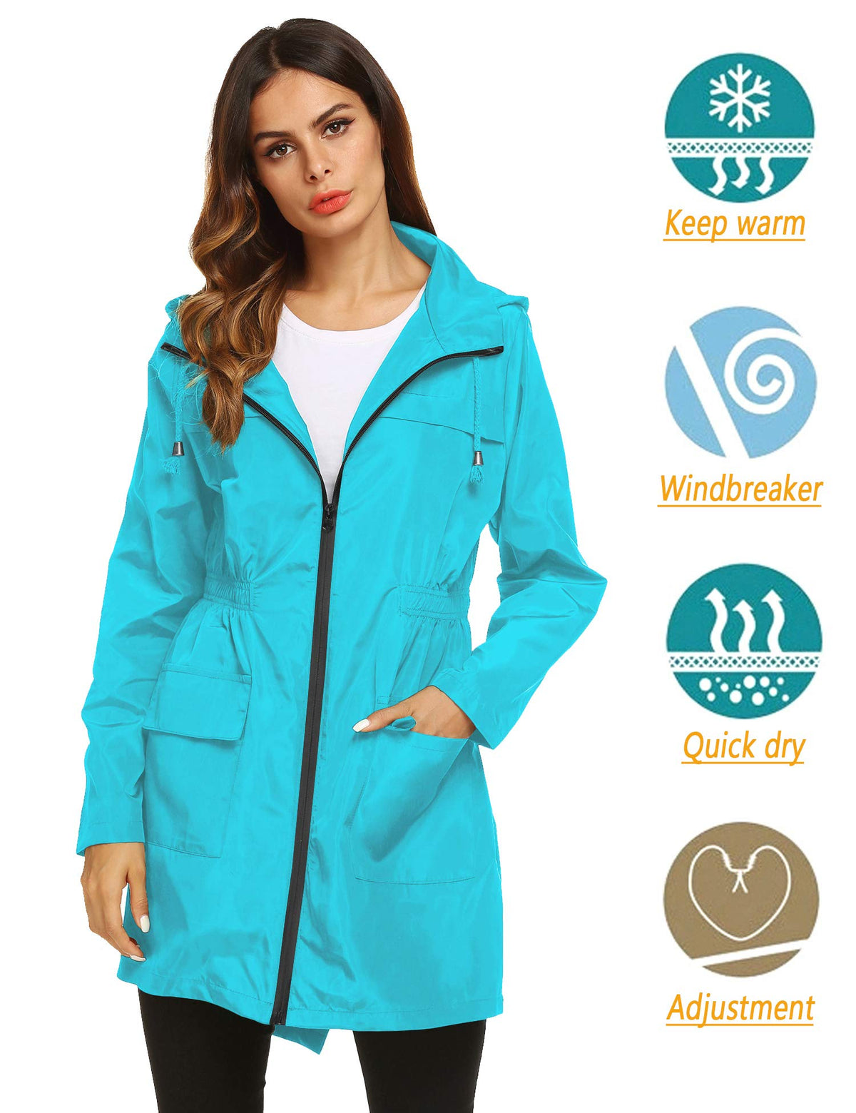 LOMON Women Waterproof Raincoat Hooded Lightweight Windbreaker Outdoor Anorak Jacket Ice blue L