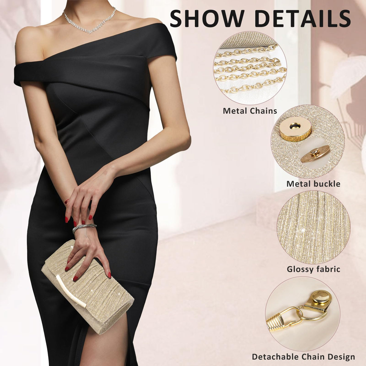 Eidsefe Evening Bag Clutch Purses for Women Wedding Bag Sparkling Party Handbag with Detachable Chain