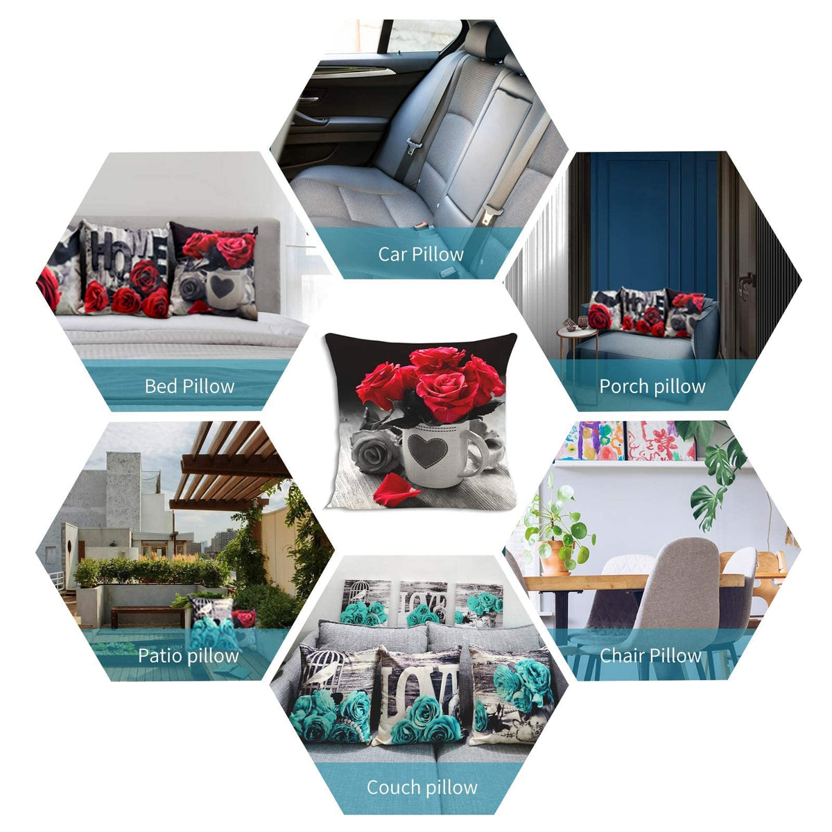 Turquoise Throw Pillow Covers 18x18 Set of 4 Farmhouse Grey Teal Pillow Cover for Couch Outdoor Patio Furniture, Linen Cotton Decorative Rose Flower Cushion Case Bed Sofa Living Room Home Decorations