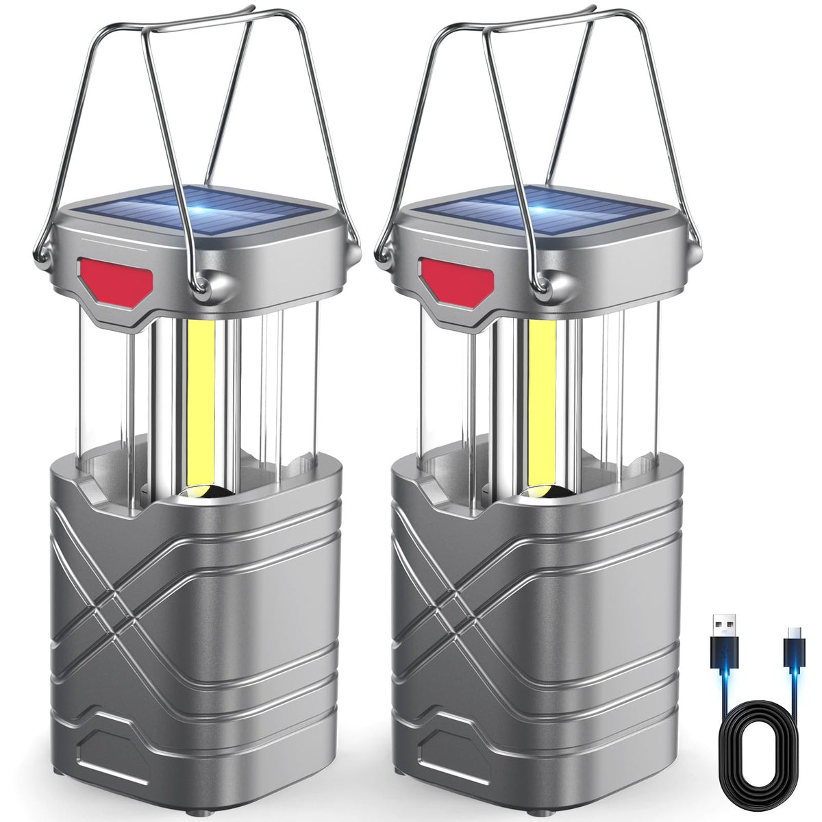LETMY 4 Pack Camping Lantern, Rechargeable LED Lanterns, Solar Lantern Battery Powered Hurricane Lantern Flashlights with 3 Powered Ways & USB Cable for Emergency, Power Outage, Hurricane Supplies