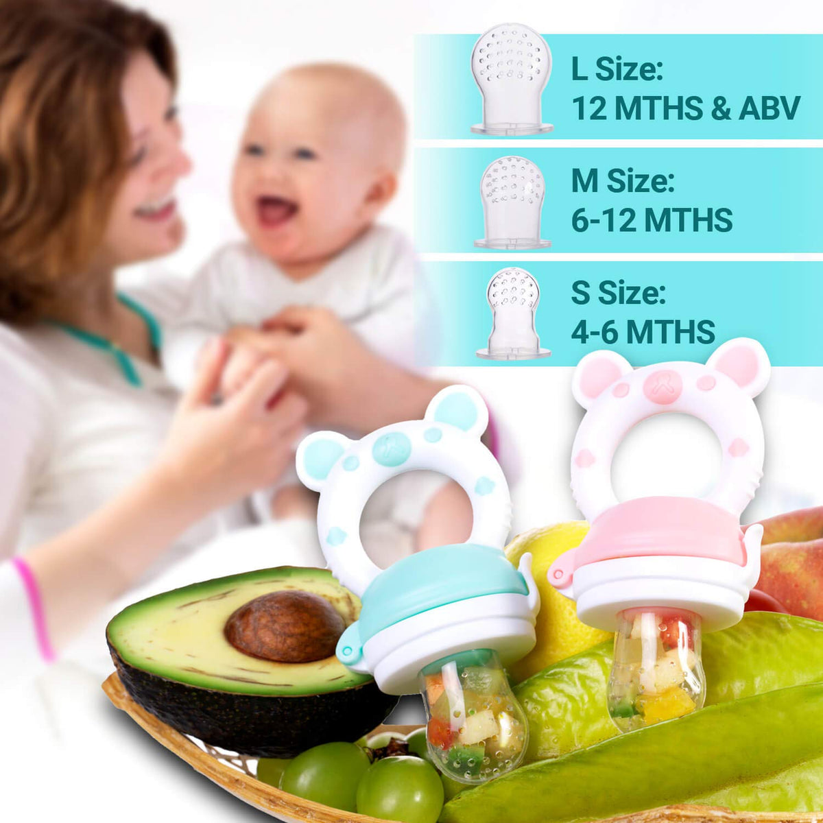 Baby Fruit Food Feeder Pacifier - Fresh Food Feeder, Infant Fruit Teething Teether Toy for 3-24 Months, 6 Pcs Silicone Pouches for Toddlers & Kids & Babies, 2-Pack (Cyan)