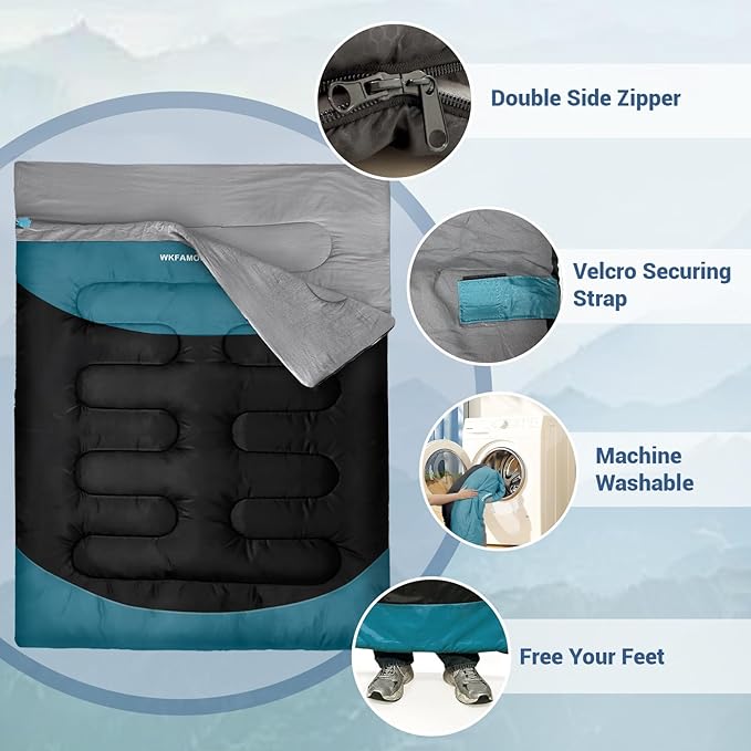 Cotton Flannel Double Sleeping Bag for Adults Machine Washable 2 Person Camping Sleeping Bag Queen Size Waterproof with Compression Sack for Cold Weather 3-4 Seasons
