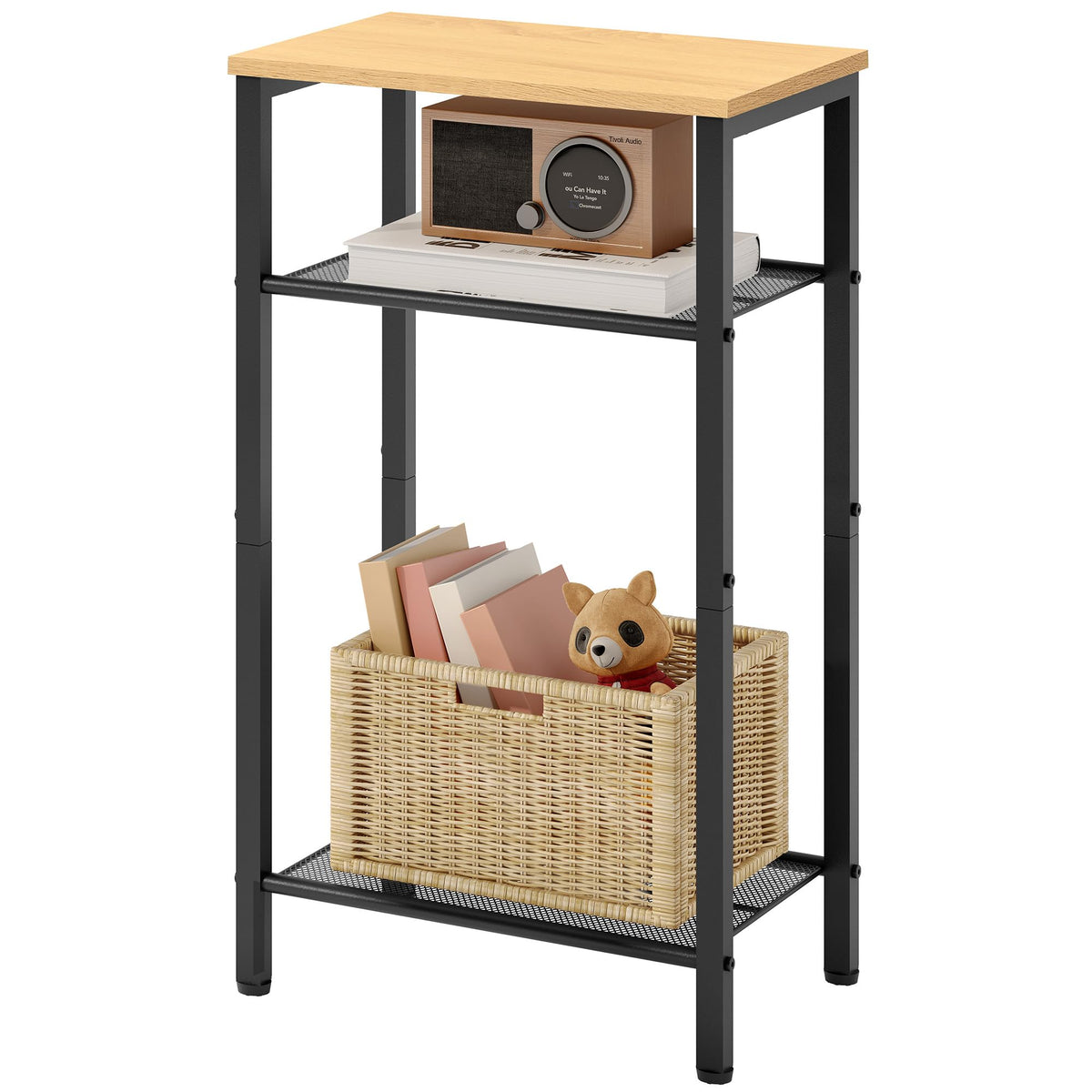 Hoctieon 2-Set 3 Tier End Table, Telephone Table Set of 2, Tall Side Table with Storage Set of 2, Small Nightstand for Small Spaces, Metal Frame, Black+Yellow Oak