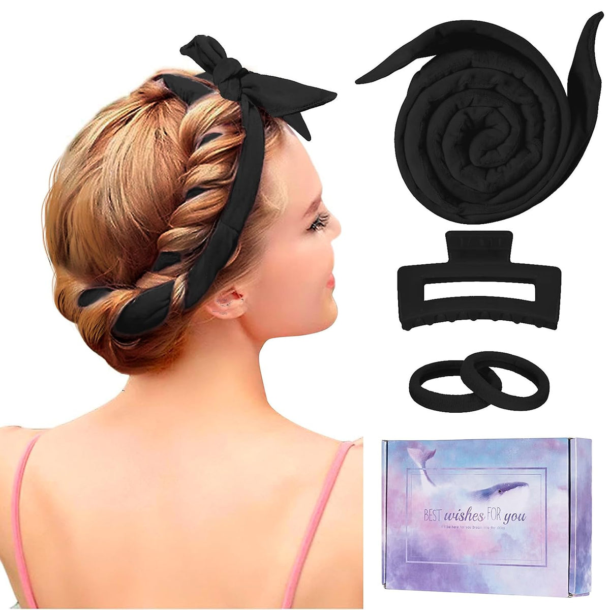 Heatless Curling Rod Headband, Upgraded 60" Extra Long Soft Hair Curlers to Sleep In, No Heat Curls for Girls Long Hair Medium Hair (Black)