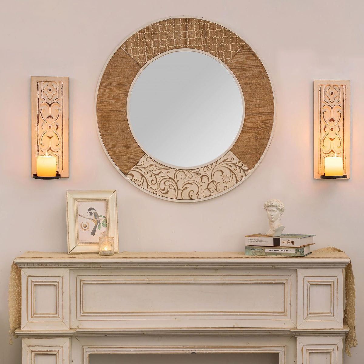 Rustic Candle Sconces Wall Decor Set of 2 - Walasis Wood Wall Candle Holders for Farmhouse White Boho Candle Sconce Art Distressed Thickened Pillar Candles Holder for Bathroom