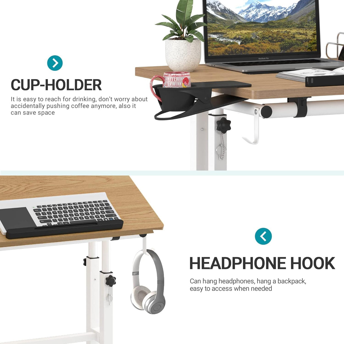 Klvied Mobile Standing Desk with Removable Cup Holder, Portable and Easy to Move, Ideal for Home or Office, Khaki