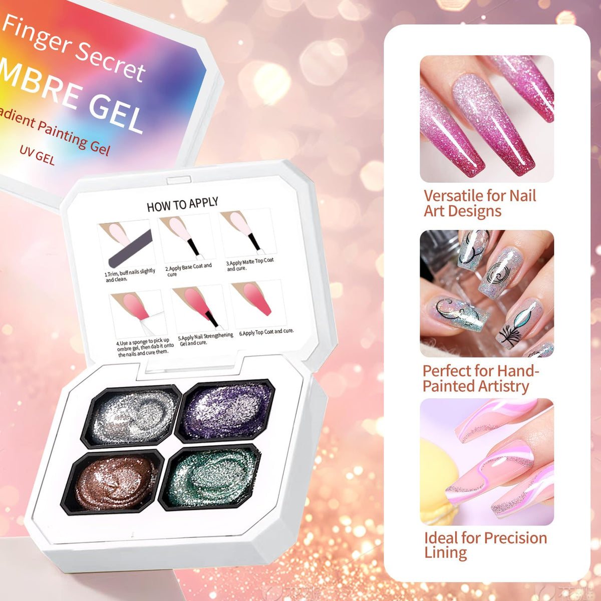Finger Secret 4 Colors Set Ombre Gel Nail Polish,Patting Gradient Painting Gel with 20Pcs Nail Sponges for Nail Art DIY can be Painted in Salon or Home Use (k2)