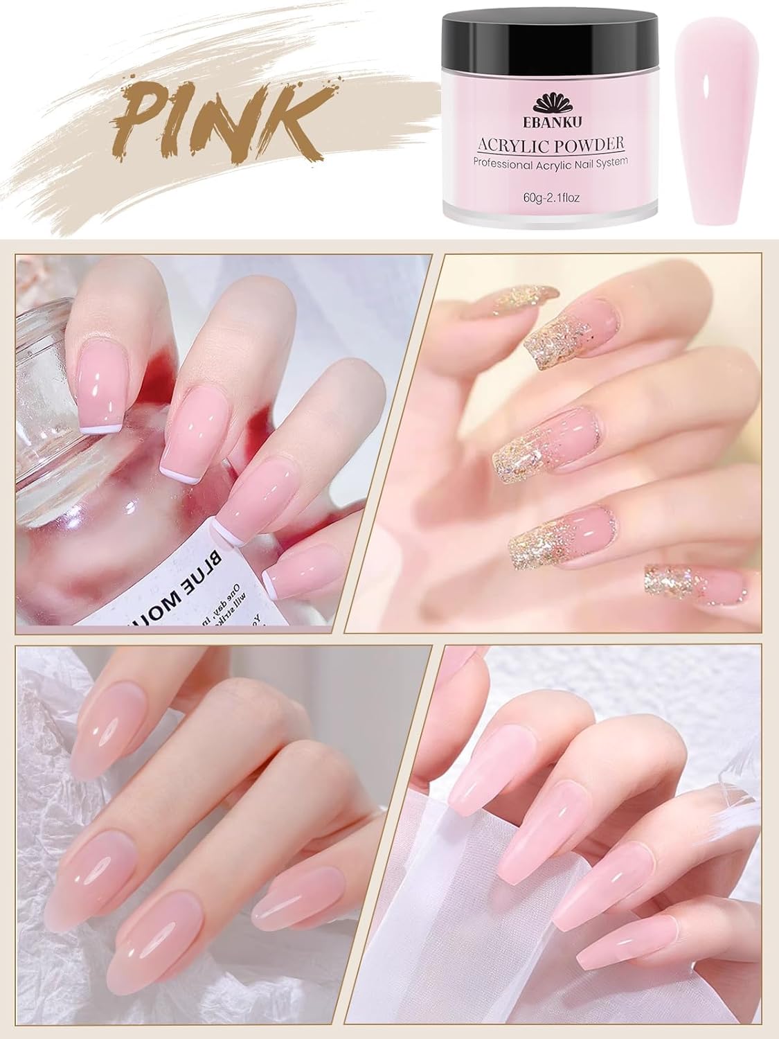 EBANKU Nude Pink Acrylic Powder for Nails, Long Lasting 3D Fingernail Carving & Nail Extensions, Professional Colors Acrylic Powder for Manicure, No Nail Lamp Needed, 60g/2.1oz*2Pcs