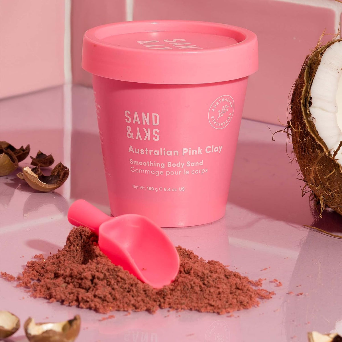 Sand & Sky Australian Pink Clay Exfoliating Body Scrub with Macadamia Oil - Smoothing Shimmer Body Polish for Cellulite Reduction, Helps with Keratosis Pilaris, 6.8 oz