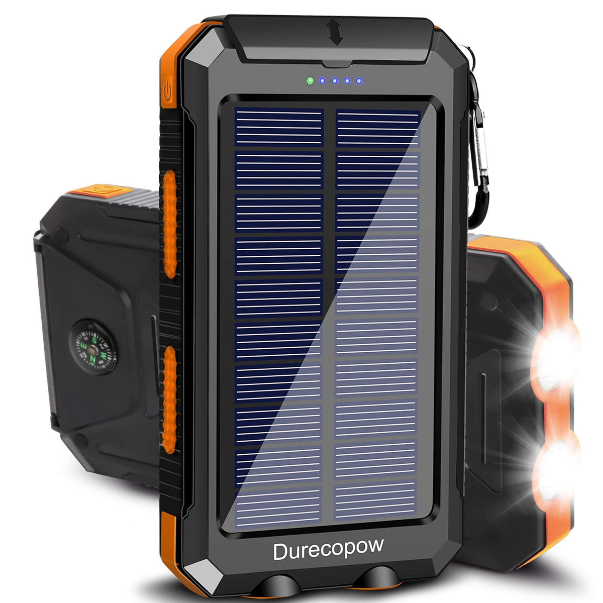 Solar Charger Power Bank, 20000mAh Portable Outdoor Waterproof Solar Battery Charger, Camping External Backup Battery Pack USB C Ports Input/Output, 2 Led Light Flashlight with Compass (Orange)