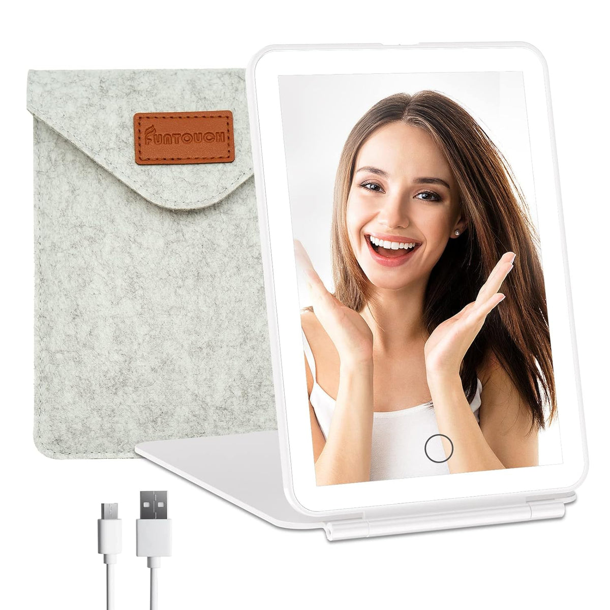 FUNTOUCH Rechargeable Travel Makeup Vanity Mirror with 72 LED Lights, Portable Lighted Beauty Mirror, 3 Lighting Modes, Dimmable Touch Screen, Tabletop Folding Cosmetic Mirror with Storage Bag