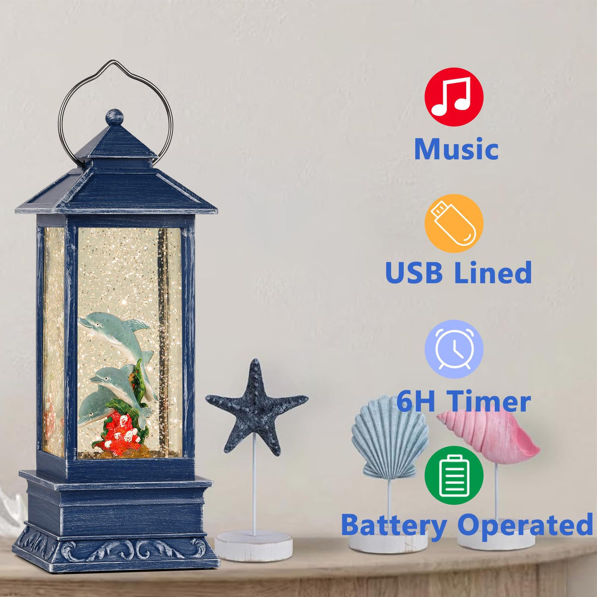 Snow Globe Lantern, Snow Globe with Swirling Glitter, USB and Battery Powered Dolphin Glitter Snow Lantern with Timer, Perfect for Home Tabletop Decorations
