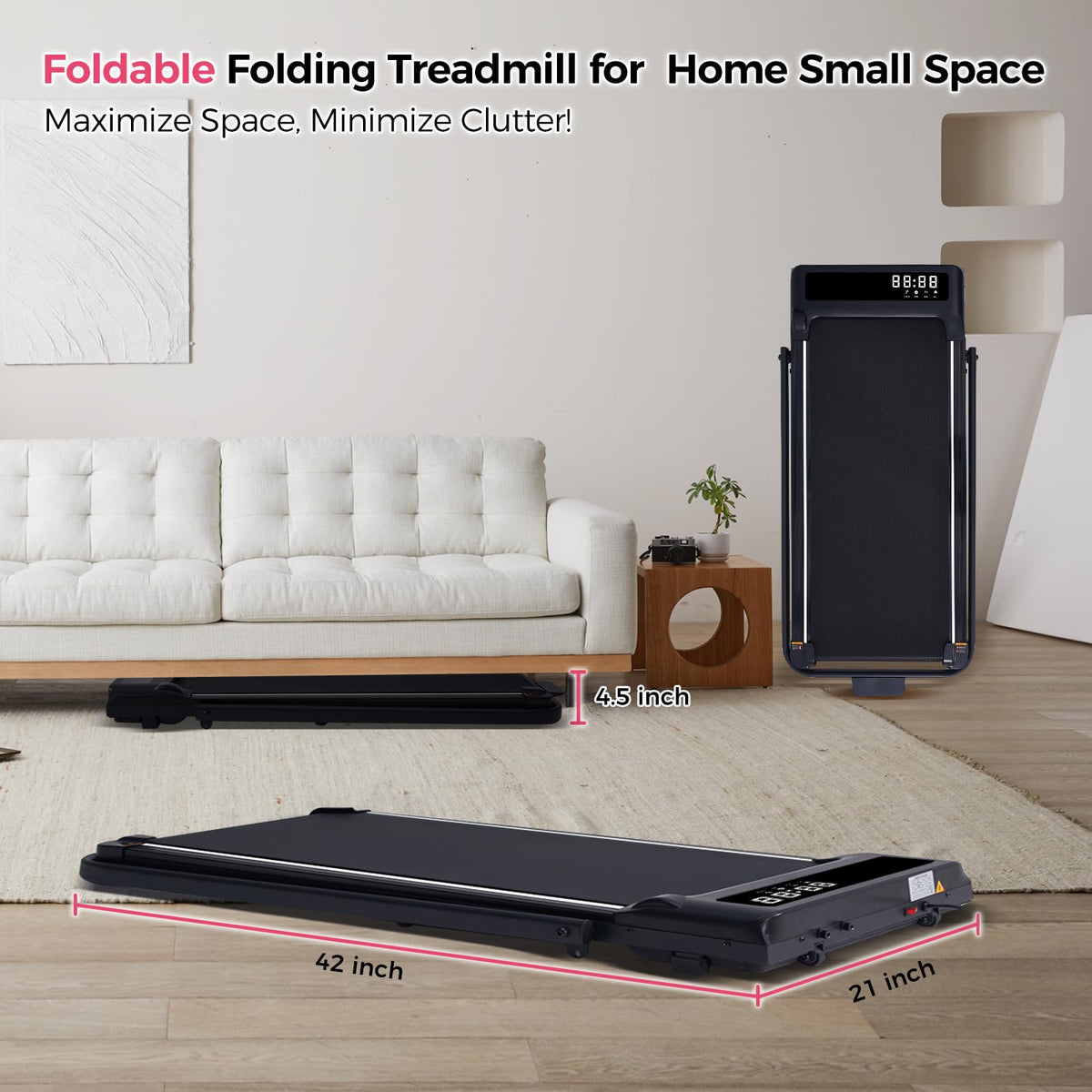 Portable Foldable Treadmills for Home Small with Handles, 3.0HP Small Folding Walking Pad Treadmill with Handle Bar with 320 LBS Capacity, Electric Compact Treadmill Home with LED Display