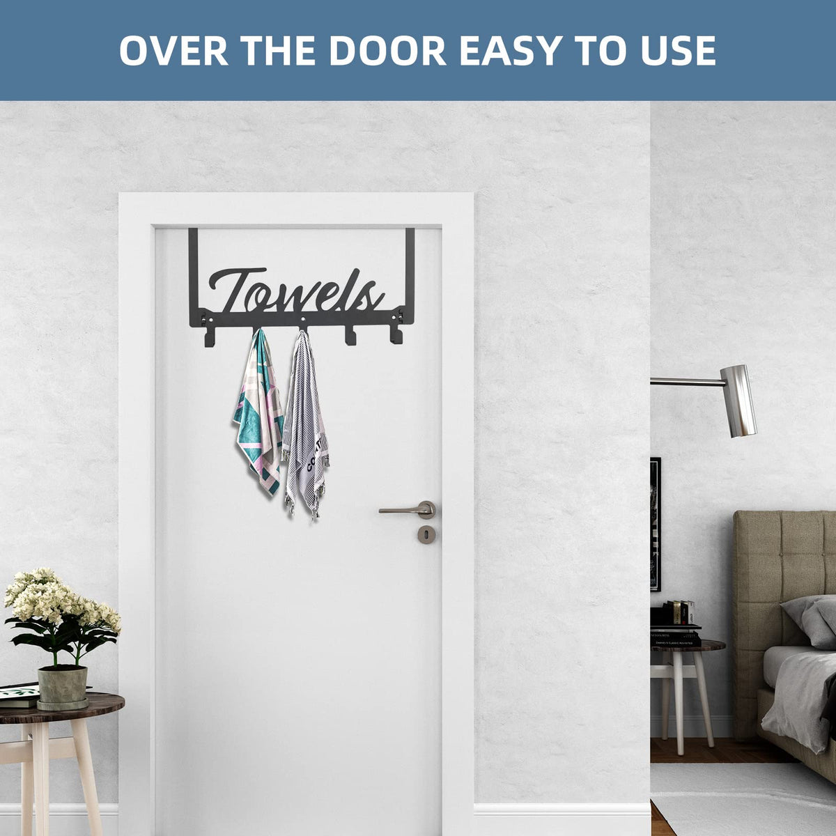 Azmoncy Over The Door Hooks, Towel Rack Towel Hooks for Bathroom, Towel Holder for Hanging Heavy Duty, Door Rack Over Door Hanger with 5 Coat Hooks for Bedroom Bathroom Kitchen, Black