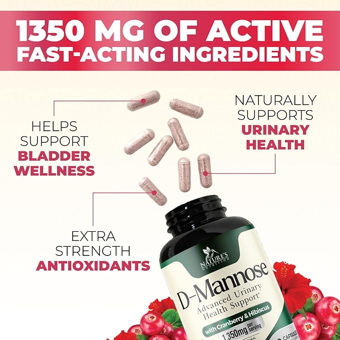 DMannose Pills with Cranberry 1350mg Advanced Formula - Effective Natural Bladder, Urinary Tract Health Support, Flush Impurities - D Mannose Supplements for Women & Men, Non-GMO, Vegan - 60 Capsules