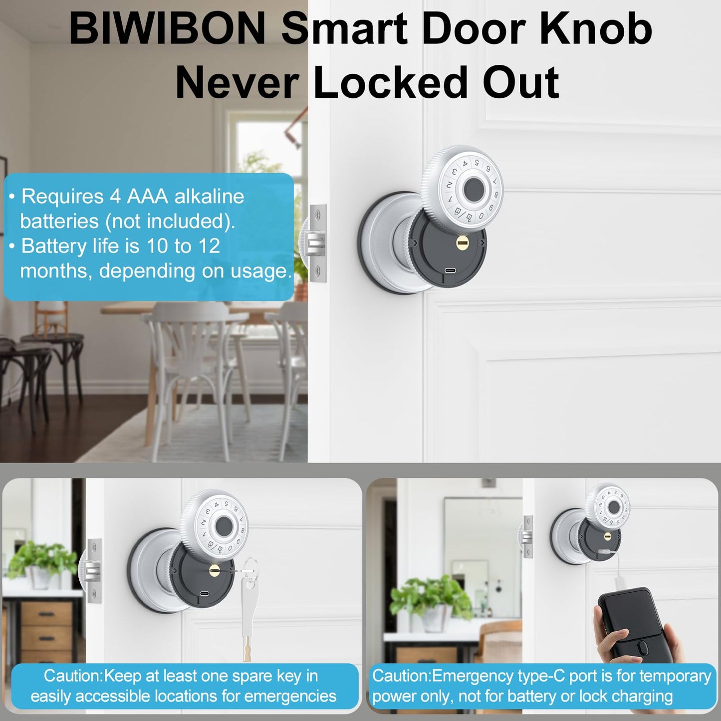 BIWIBON 4-in-1 Smart Door Knob, Fingerprint Door Knob with App Control, Smart Fingerprint Door Lock with Keypad, Real Privacy Mode, Auto Lock, Ideal for Home, Bedroom, Garages &Office, Silver,1 Pack