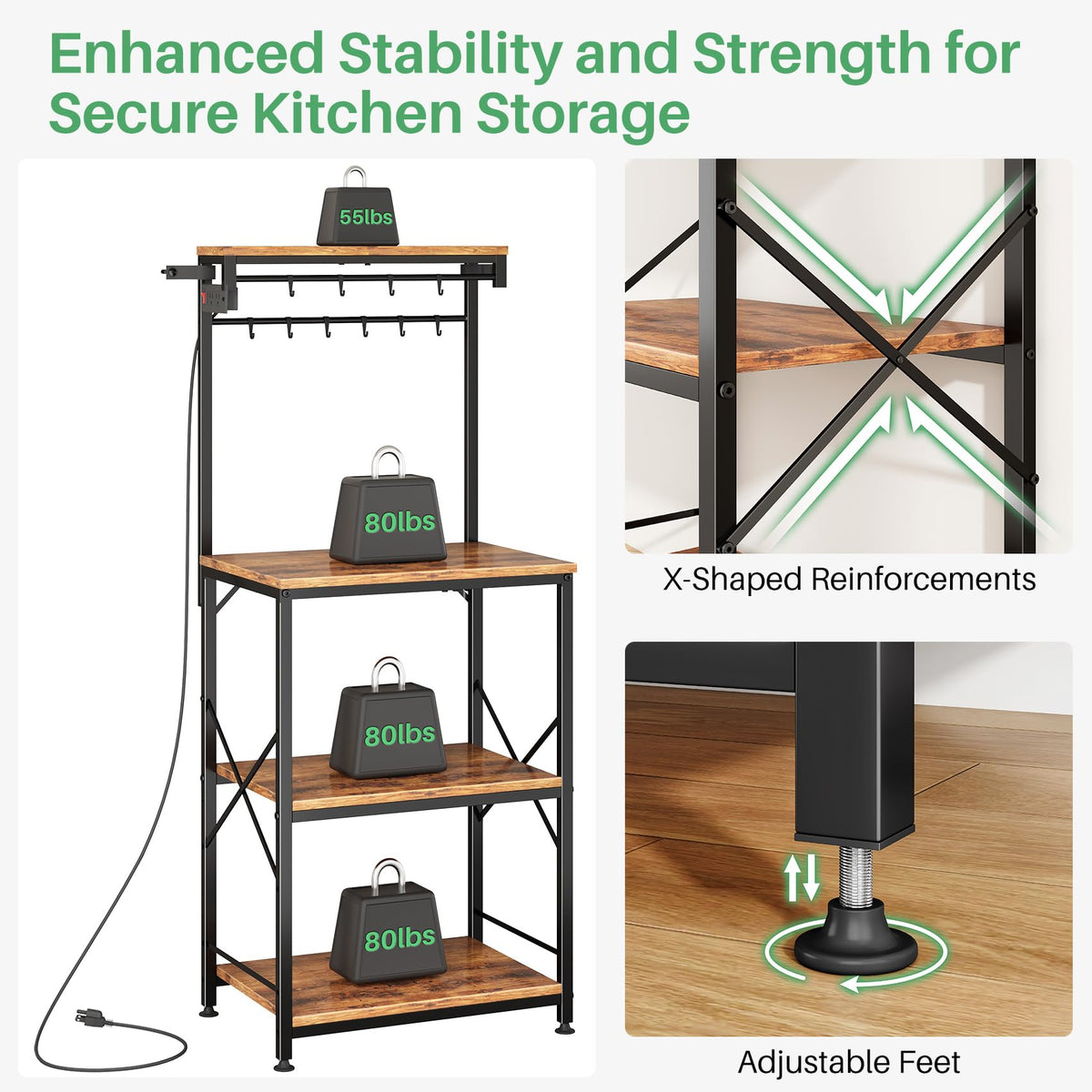 Kitchen Bakers Rack with Power Outlet 10 Hooks, 4 Tiers Coffee Bar Station Cabinet, Microwave Stand with Storage (Rustic Brown, 21.7 x 14.2 x 49.6 Inch)