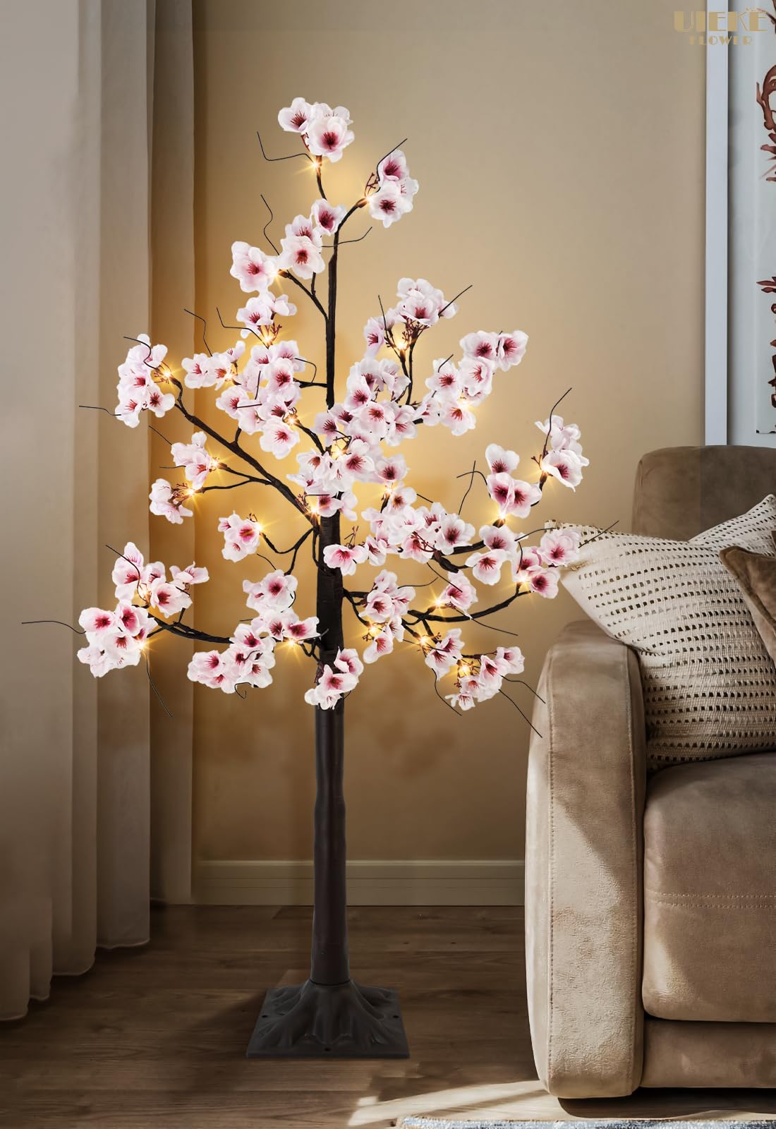 Uieke 4FT Cherry Blossom Tree, 48 Fairy Lights Artificial Lighted Tree for Home Inside Outdoor Spring Wedding Party Festival Decor, Warm White