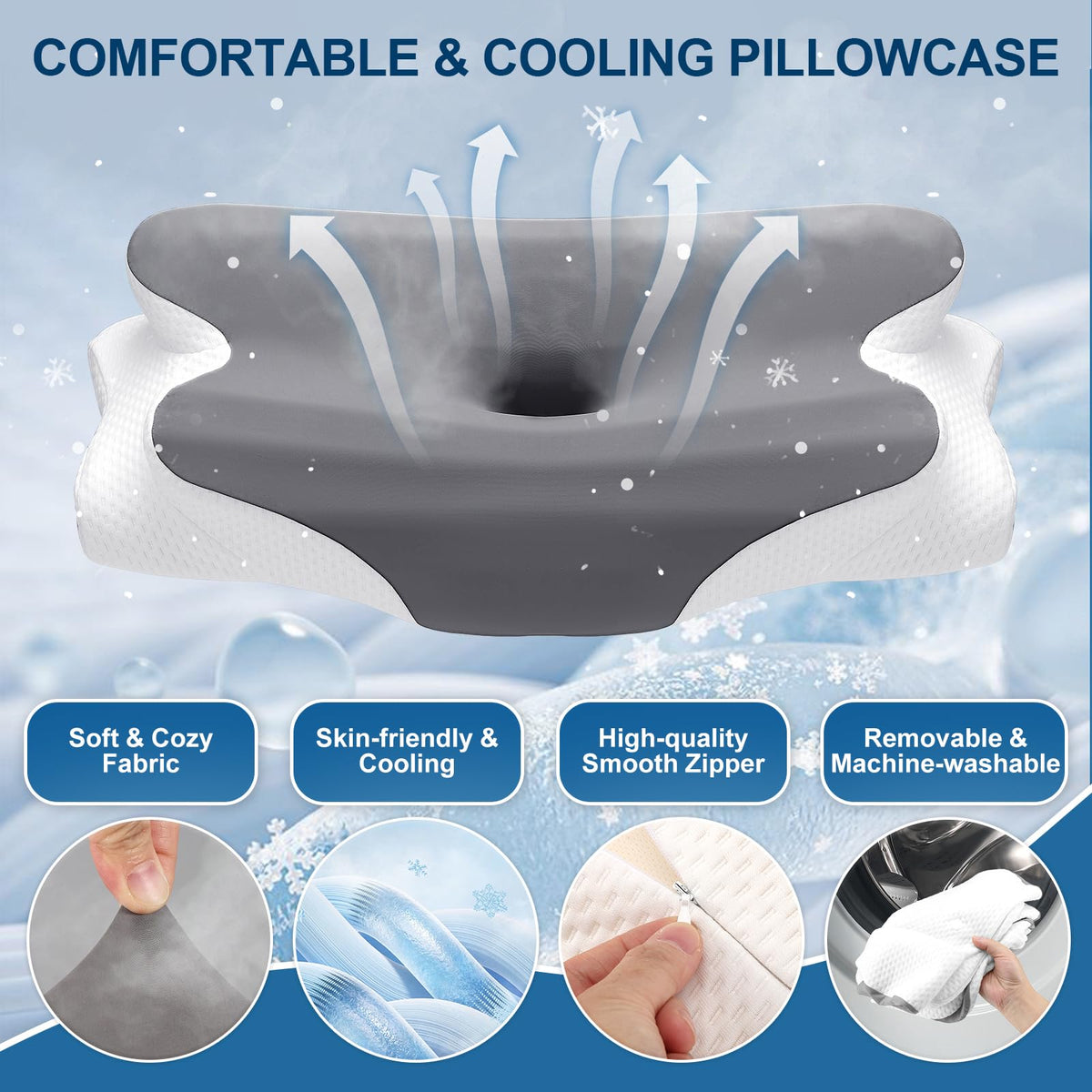 Cervical Neck Pillow for Pain Relief, Ergonomic Neck Support Pillow for Sleeping, Cooling Memory Foam Pillow, Contour Orthopedic Bed Pillow for Back Side Stomach Sleepers with Pillowcase