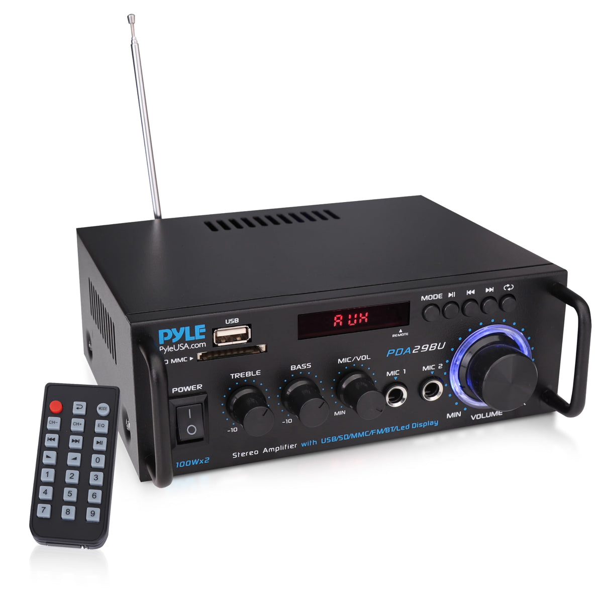 Pyle 200W Stereo Power Amplifier with Bluetooth - Dual Channel Audio Receiver - LED Display - RCA - USB - SD - MIC IN - FM Radio - AUX Input - Perfect for Home & Computer Audio - PDA29BU.5