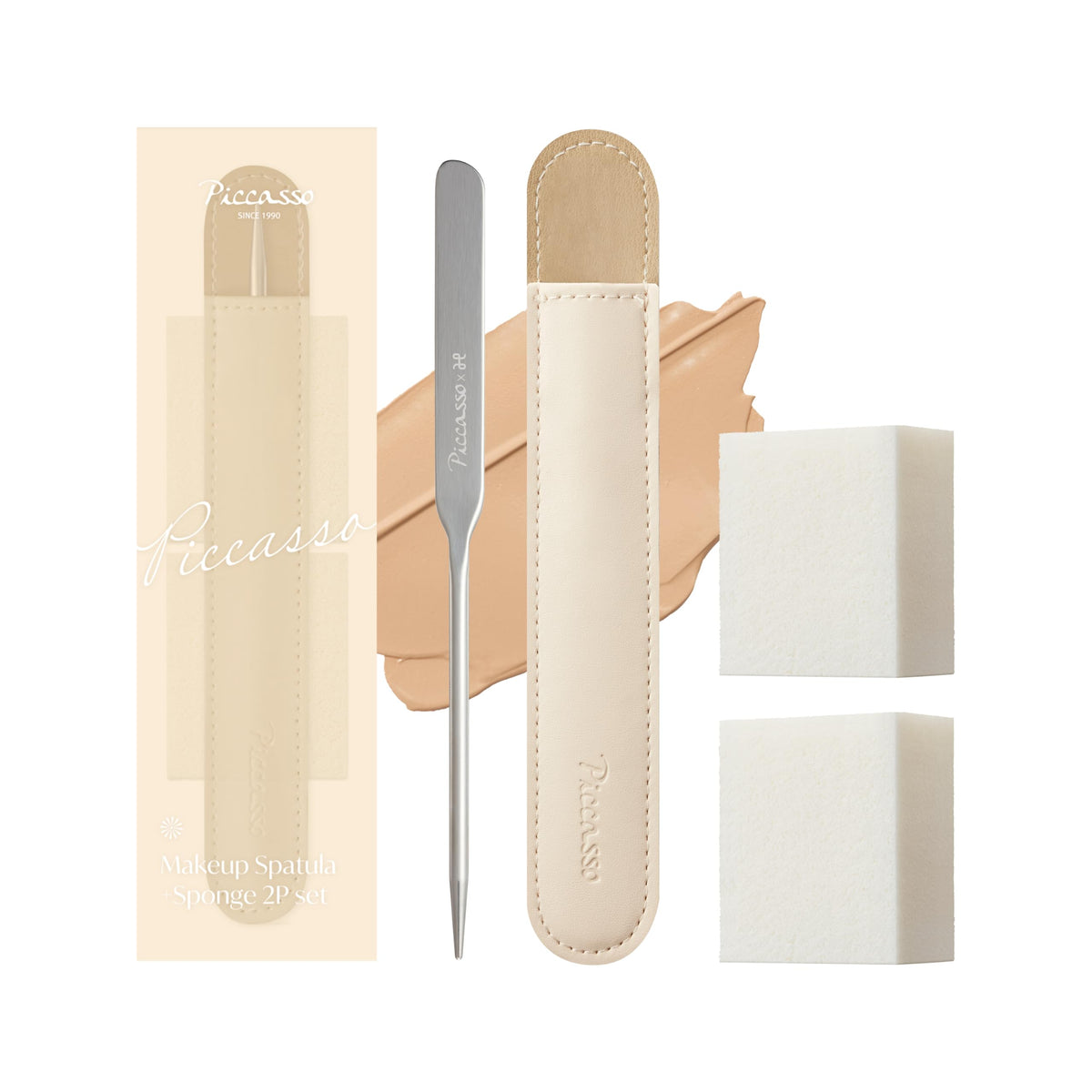 Korean Piccasso Brush Makeup Spatula + Sponge 2P Set – Professional Makeup Tools with Precision Spatula and 2 Soft Sponges, Ideal for Blending Foundation, Cream, or Liquid Makeup