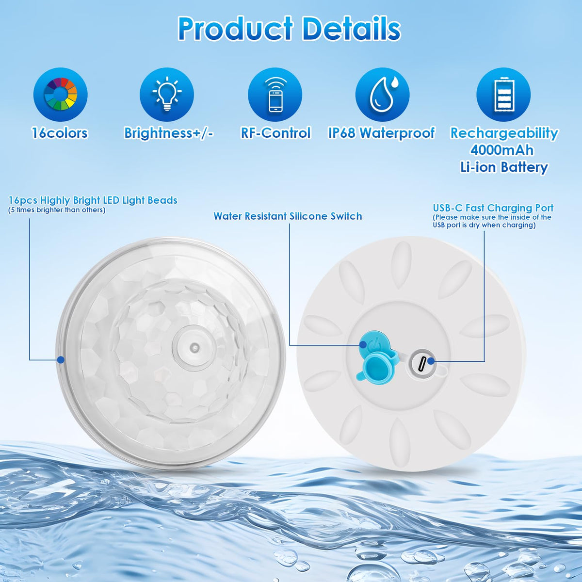 QOLNBY Floating Pool Lights, Pool Light with 6 Dynamic Lighting Effects, IP68 Waterproof Pool Lights That Float, Rechargeable RGB Upper and Lower Color Changing Lights for Hot Tub, Patio 4 Pack