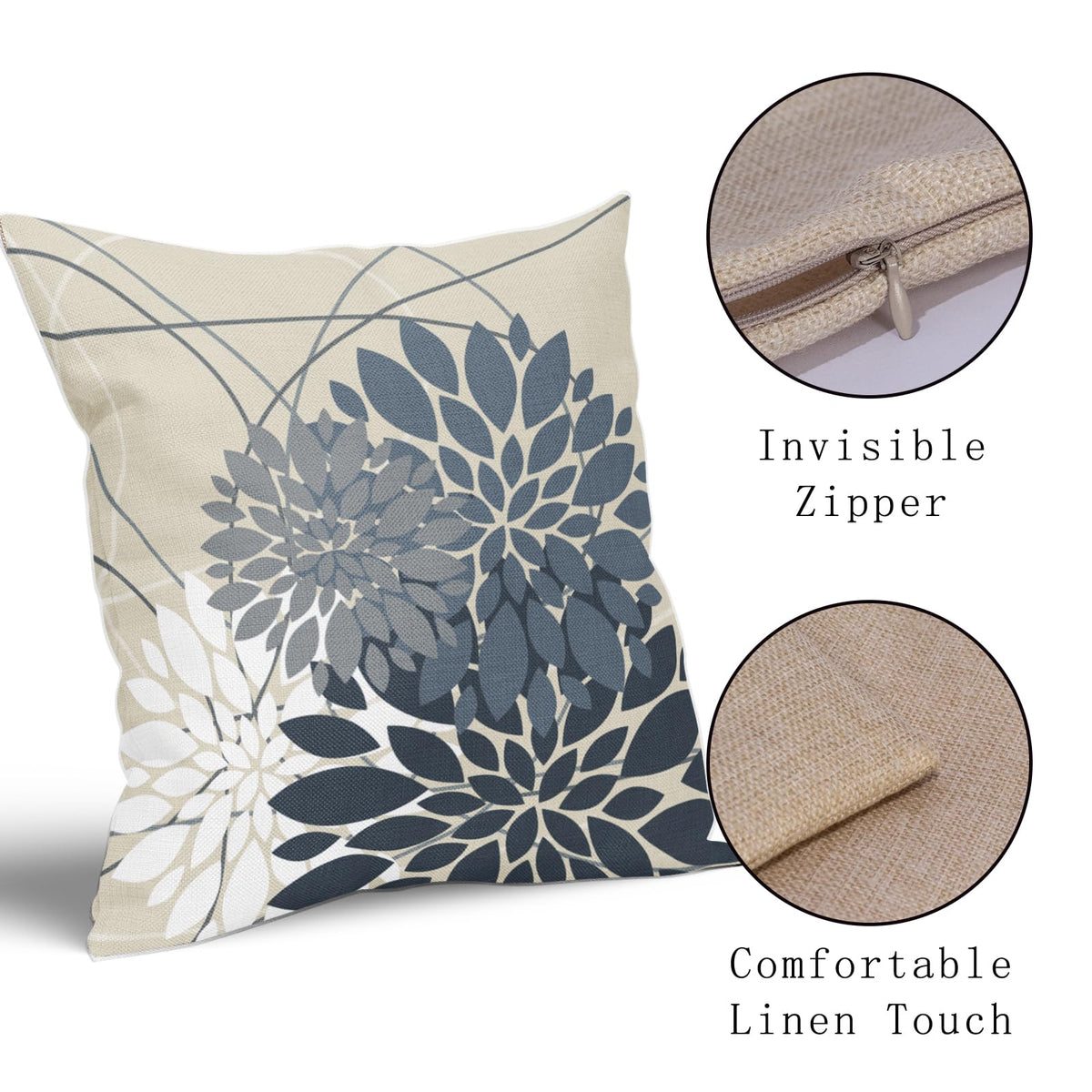 Dusty Blue Flower Pillow Covers 18x18 Grey Gray White Dahlia Floral Spring Decorative Throw Pillows Farmhouse Outdoor Seasonal Decor for Home Sofa Bed Couch Modern Square Cushion Cases, Set of 2