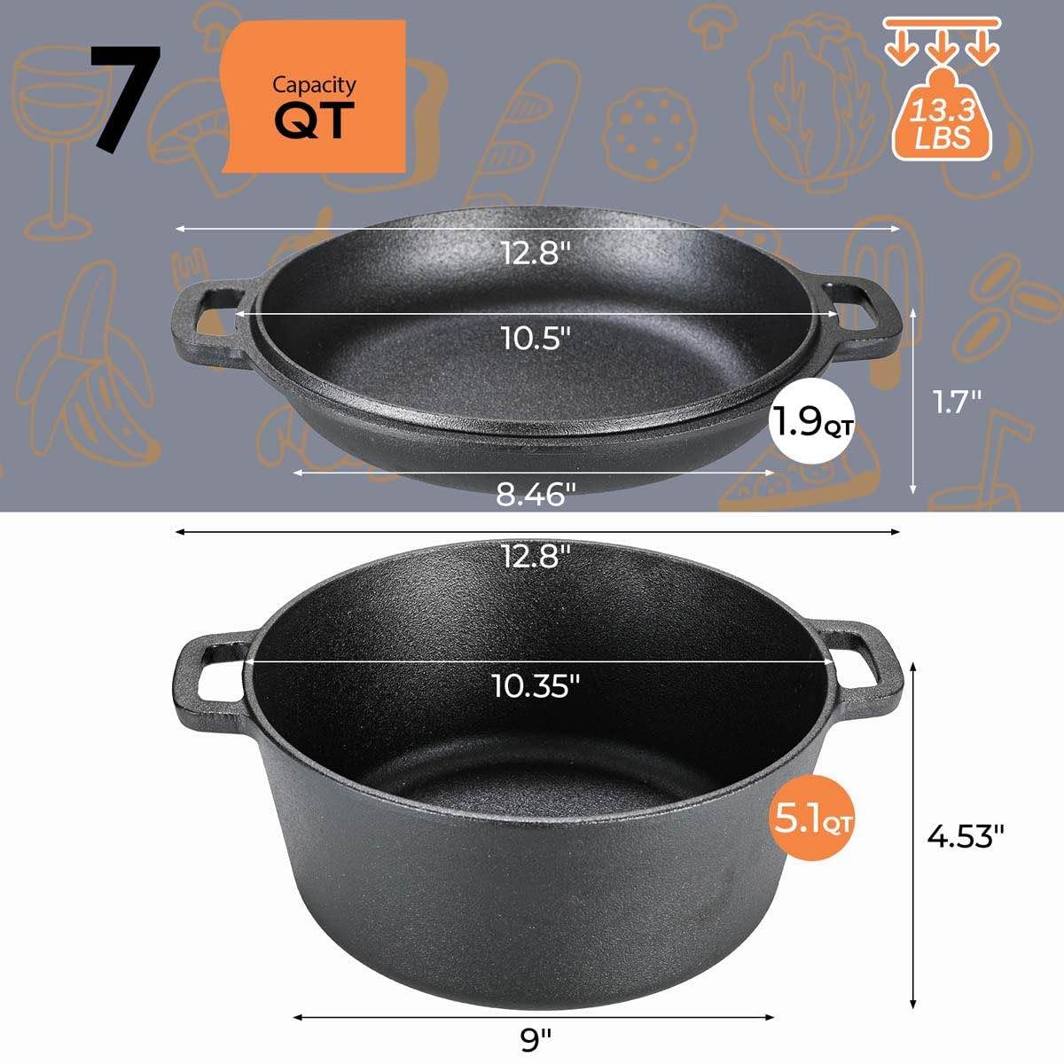 TLGREEN Cast Iron Dutch Oven Pot with Lid, Pot (5.1QT) and Lid as a Skillet(1.9QT) - Dutch Oven Cast Iron with Silicone Holders, Iron Stand, for Oven, Stove, Grill，Campfire