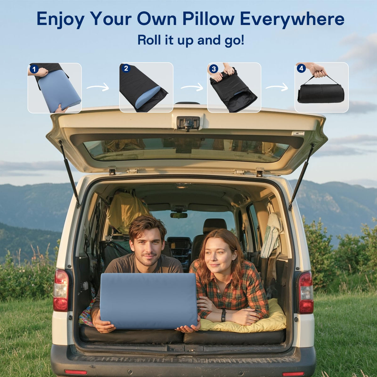 Ruizman Camping Pillows for Sleeping - Memory Foam Travel Pillow 2 Heights Use - Small Travel Pillow for Camping, Hiking, Backpacking with Storage Bag (Blue)