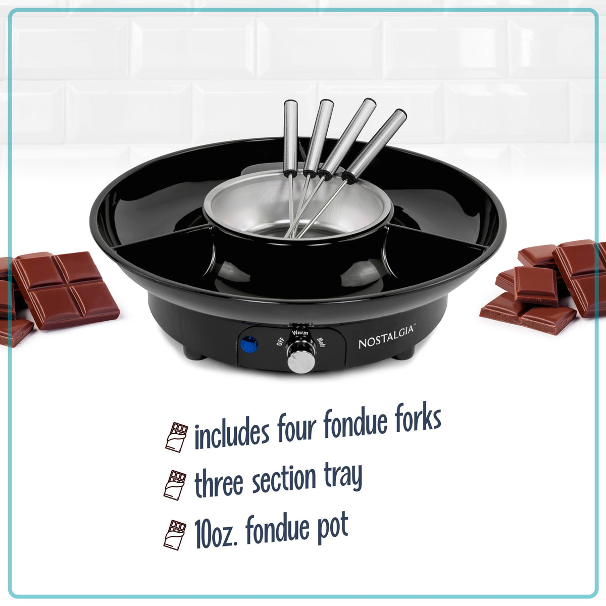 Nostalgia 10 Oz Electric Fondue Pot Set for Cheese & Chocolate - 4 Dipping Forks, 3-Section Food Tray - Kitchen Gadgets and Appliances for H'ors Deouvres, Entrees, Desserts - Black