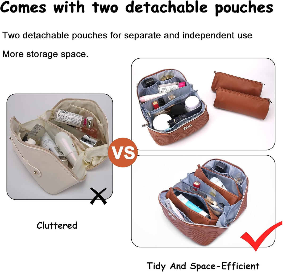 Travel Makeup Bags Cosmetic Organizer Bag: Quilted Make up Bag Set of 3 - PU Leather Toiletry Bags for Women - Portable Makeup Organizer with Compartments & Handle & Divider(14 Brown)