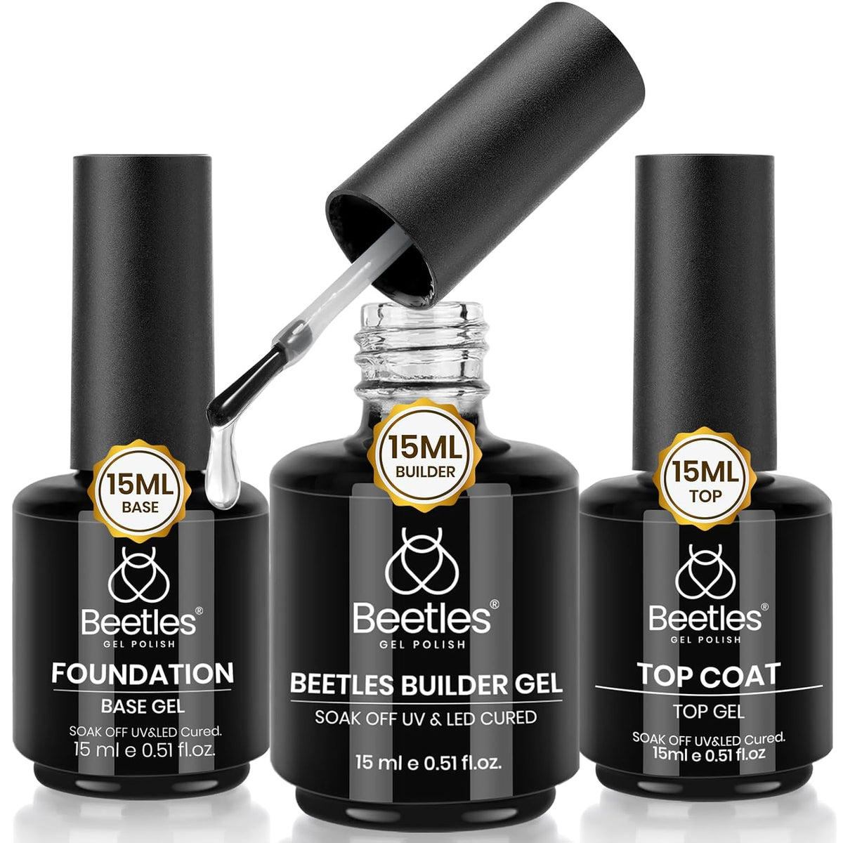 Beetles 3Pcs 15ml Builder Nails Gel with No Wipe Top Coat and Base Coat Set, Nail Extension Strengthening Nail for UV LED Lamp, Soak Off Gel Nail Polish for Nail Art