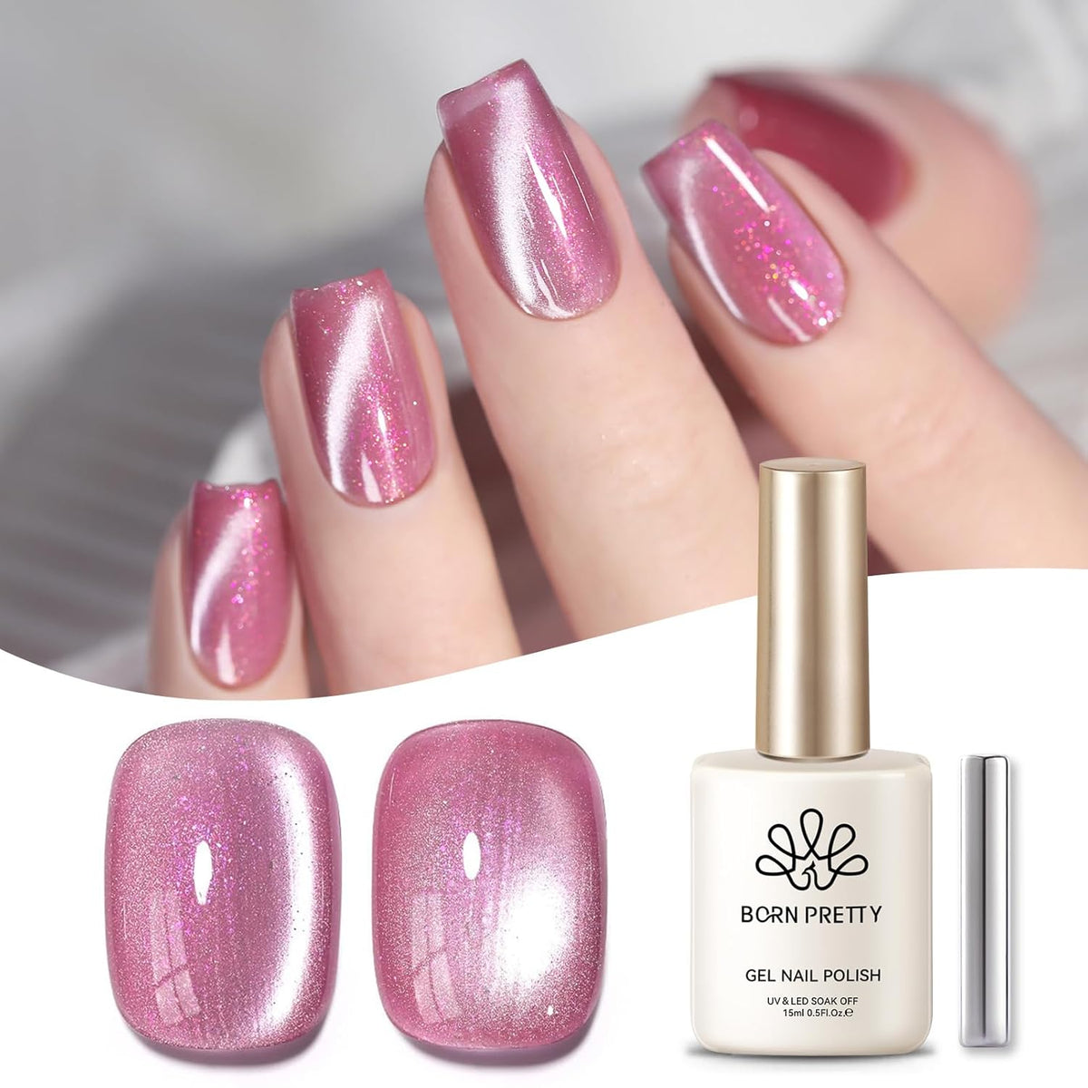 BORN PRETTY Cat Magnetic Eye Gel Nail Polish, Pink Glitter Cat Magnetic Gel Nail Polish, Midnight Rose Magnetic Nail Polish for Nail Art Manicure Salon DIY at Home 15ML