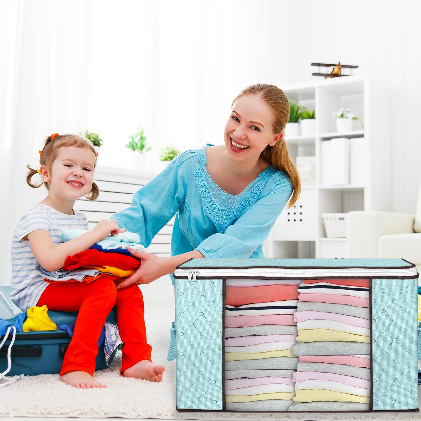 Budding Joy 90L Large Storage Bags, 8 Pack Clothes Storage Bins Foldable Closet Organizer Storage Containers with Durable Handles Storage and Organization, Blanket, Pillows and Toys (Blue)