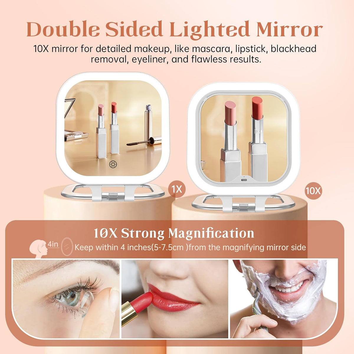 FASCINATE 10X Magnification Compact Travel Makeup Mirror with Lights and Magnification, 3.5 inch Portable 1X/10X Magnifying Mirror with 3 Color Light, Folding, Handheld (White)