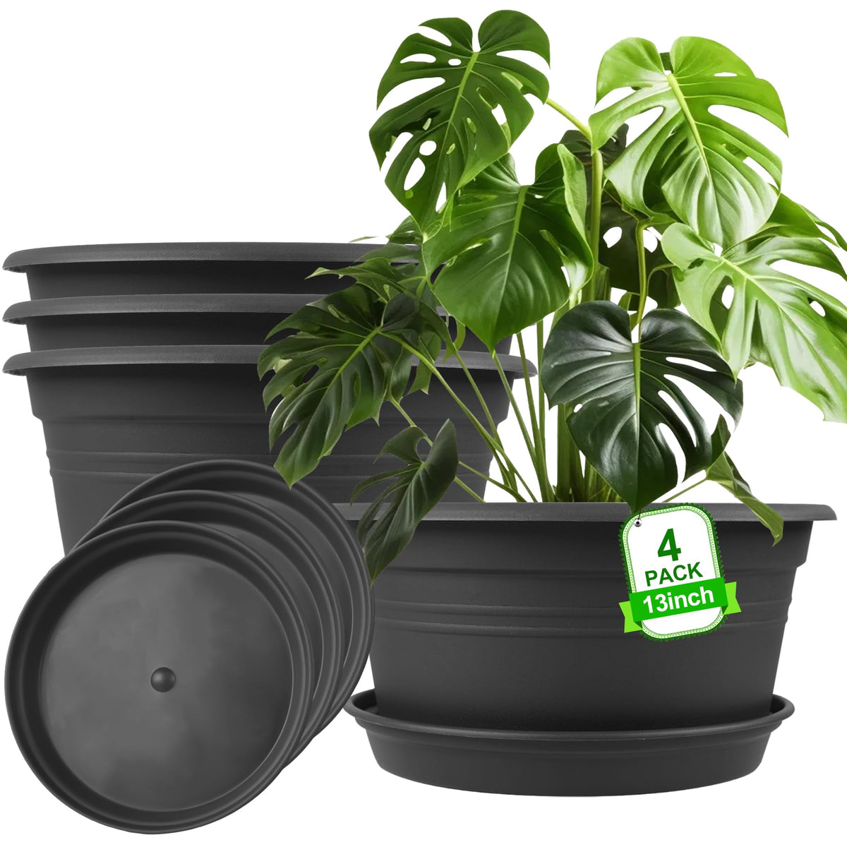 Large Flower Pots Set of 4 Pack 13 inch, Plant Pots Large Outdoor Planters with Drainage Hole & Tray Saucer, Decoration Plastic Pots for Plants for Indoor Outdoor Garden Home Plants Planter (Grey)