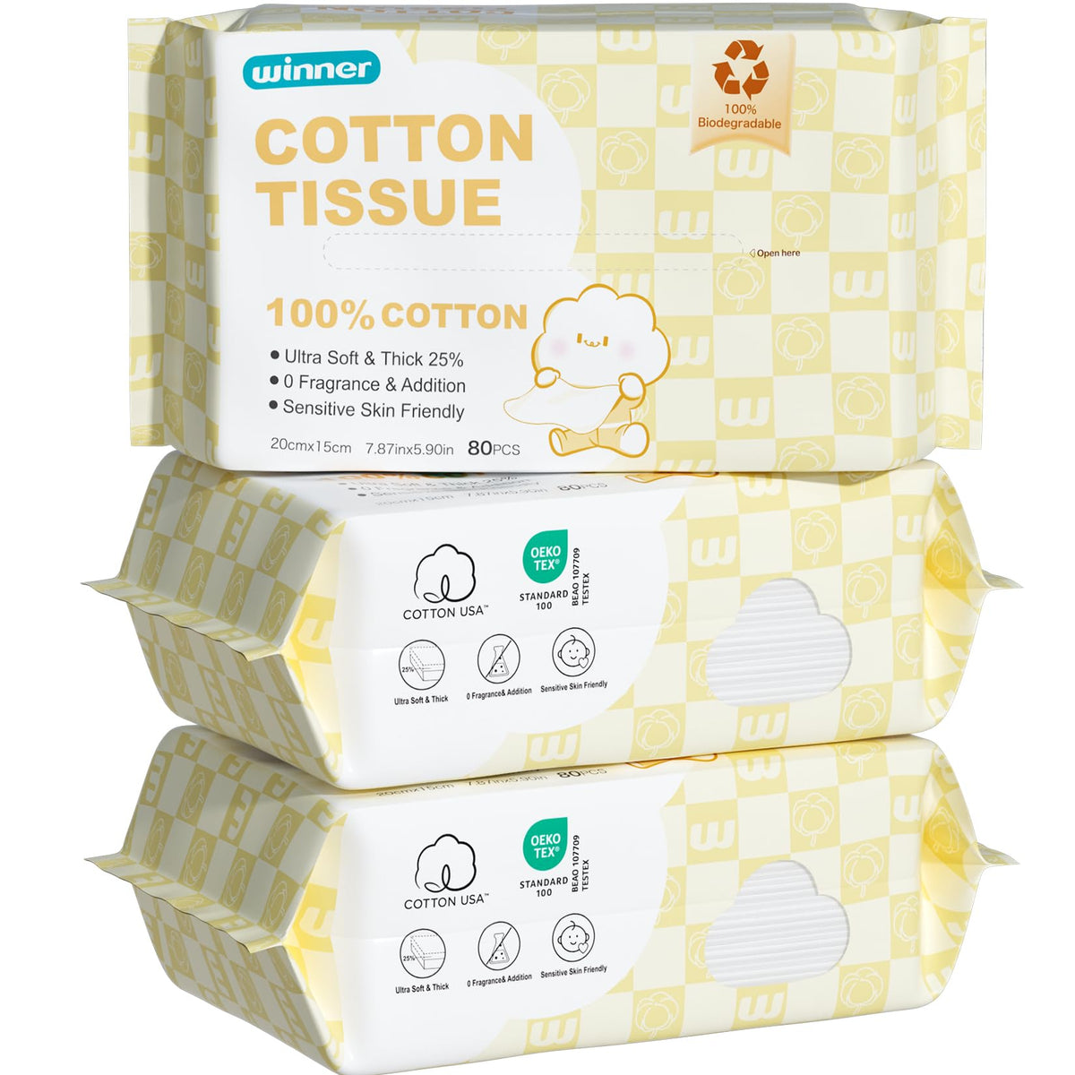Winner 100% USDA Biobased Dry Wipes, 600 Count Ultra Soft Cotton Face Towels, Wet and Dry Use, Unscented and Hypoallergenic, Baby Necessities for Diaper Changes, Meals, and On-the-go Cleanup