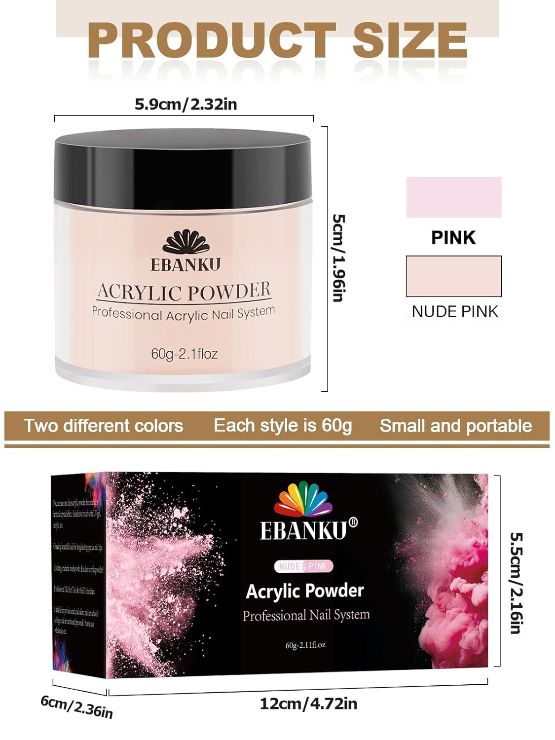 EBANKU Nude Pink Acrylic Powder, 2 * 60g/2.1oz Acrylic Powder Large Capacity Professional Acrylic Nail Powder for Nail Acrylic Extension, Nail Carving, Long-Lasting, No Nail Lamp Needed