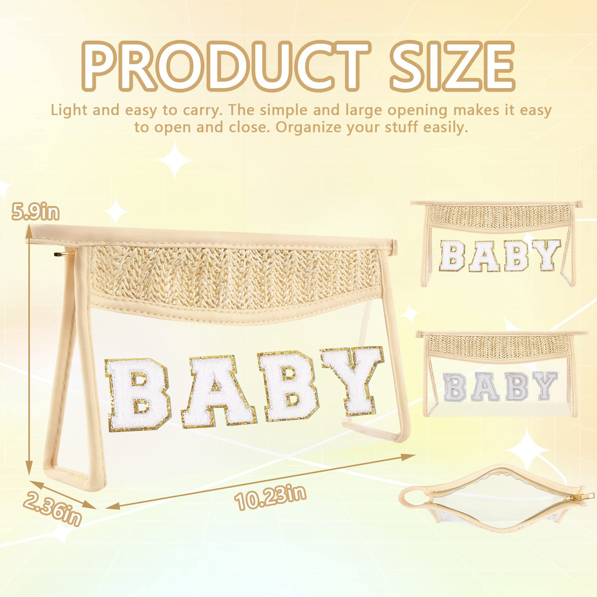 Cute Boho Patch Baby Bag Clear Makeup Letter Bag, Waterproof Zipper Make up Bag Toiletry Pouch for Women Girls, Clear Letter Patch Cosmetic Bag Transparent Organizer Pouch for Travel(Baby, Beige)