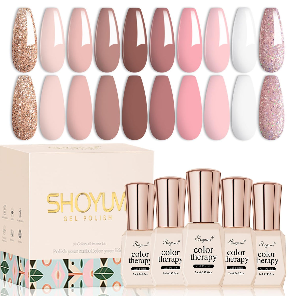 Nude Gel Nail Polish Set, 10 Colors Neutral Gel Polish Nude Pink Skin Tone Glitter Nail Polish Gel Starter Kit Soak Off All Season LED Manicure DIY Salon Gifts for Women Girls