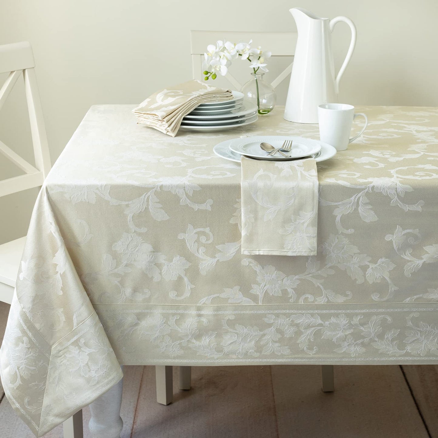 Benson Mills Harmony Scroll Woven Damask Fabric Tablecloth, Everyday, Parties, Special Occasions, Weddings and Holiday Table Cloth (60" X 84" Rectangular, Birch)