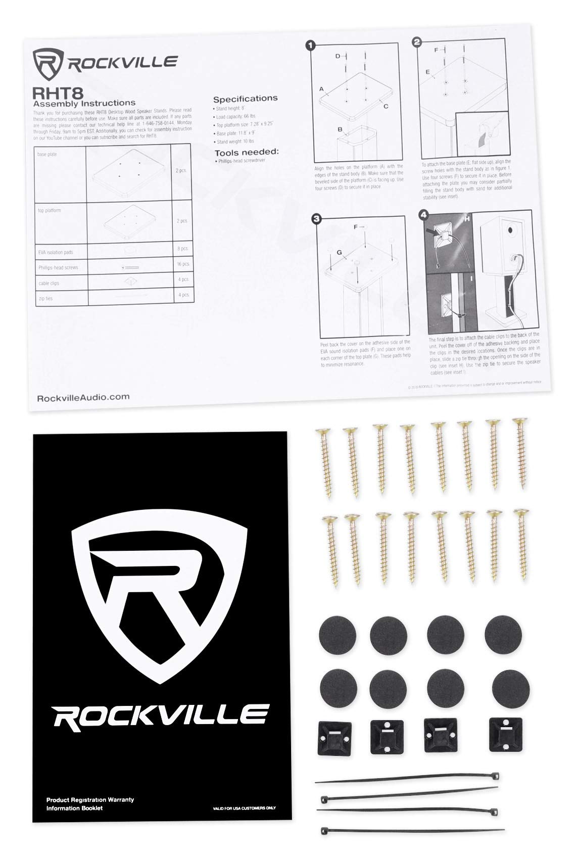 Rockville RHT8C (2) 8" Desktop Speaker Stands, 66 lbs. Capacity, Wood Finish, Resonance-Free, Cable Management, Isolation Pads, for Bookshelf/Studio Monitors