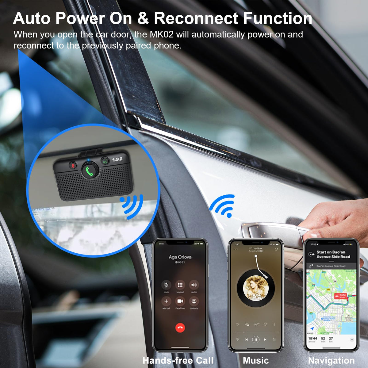 1Mii Bluetooth 5.3 Car Speaker, Handsfree Bluetooth Speakerphone for Cell Phone, Motion Auto On, Support Voice Assistant for Android and iOS, Wireless Audio Car Kit with Visor Clip