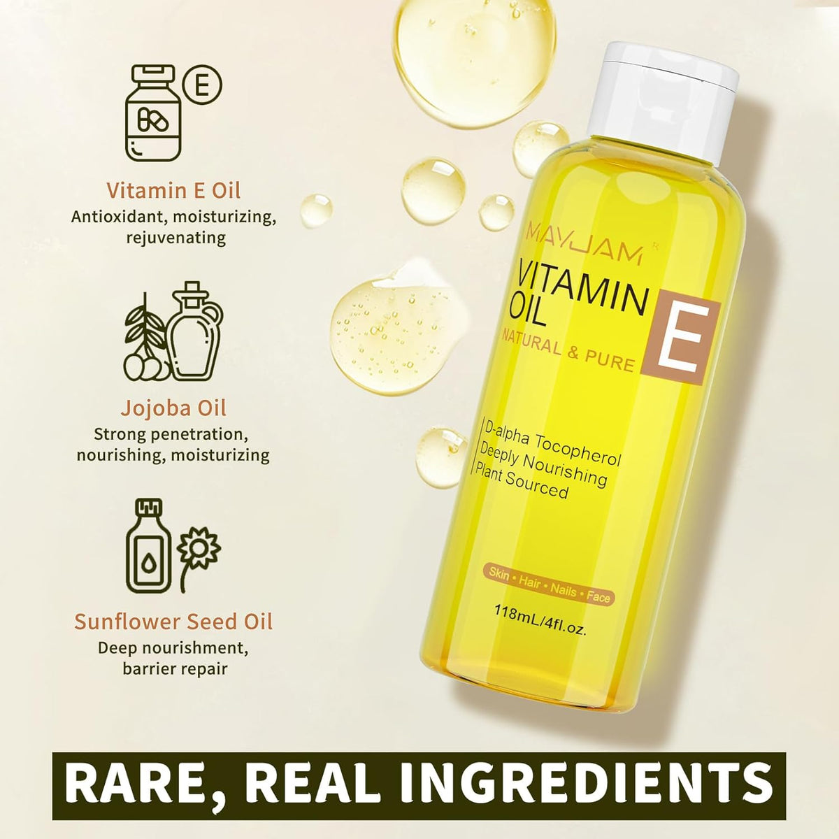 Organic Vitamin E Oil 50,000 IU for Skin, Pure & Natural Vitamine oils for Scars Hair, Face, Nail, Scalp Bath and Body Oil, Tocopherol to Repair Damaged Skin, Moisturizing Dry Skin, 4 Fl Oz