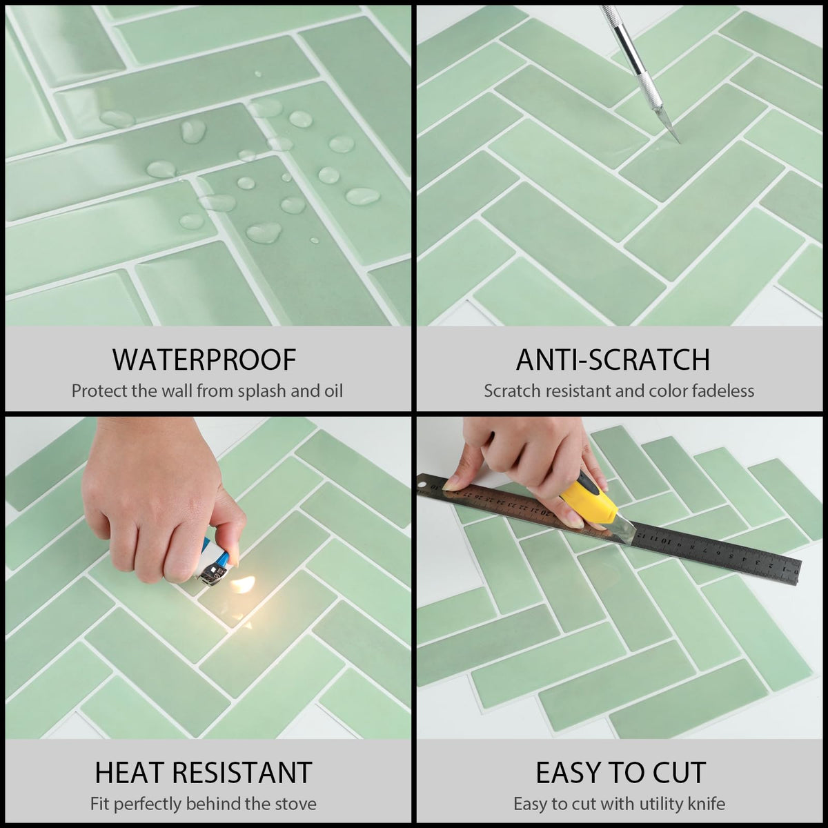 LUXDEKO 10-Sheet Herringbone Peel and Stick Backsplash, Sage Green Chevron Self Adhesive Glossy Tiles Renter Friendly Backsplash Stick on Wall Tile for Kitchen and Bathroom（12"x12"）