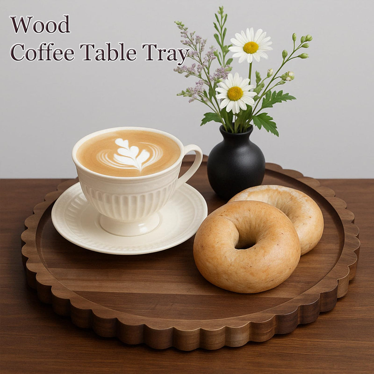 Prylenza 11.8 Inch Round Acacia Wood Decorative Tray for Coffee Table - Unique Scalloped Edge Design, Ideal Wooden Centerpiece Trays for Kitchen, Dining Room, Living Room and Home Decor