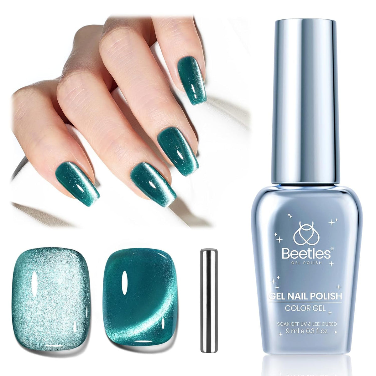 Beetles Green Cat Eye Gel Nail Polish, 9ml Glitter Gel Polish with Magnet Shimmer Green Velvet Soak Off UV LED Nail Lamp Nail Art DIY Home Manicure Design Gift for Women