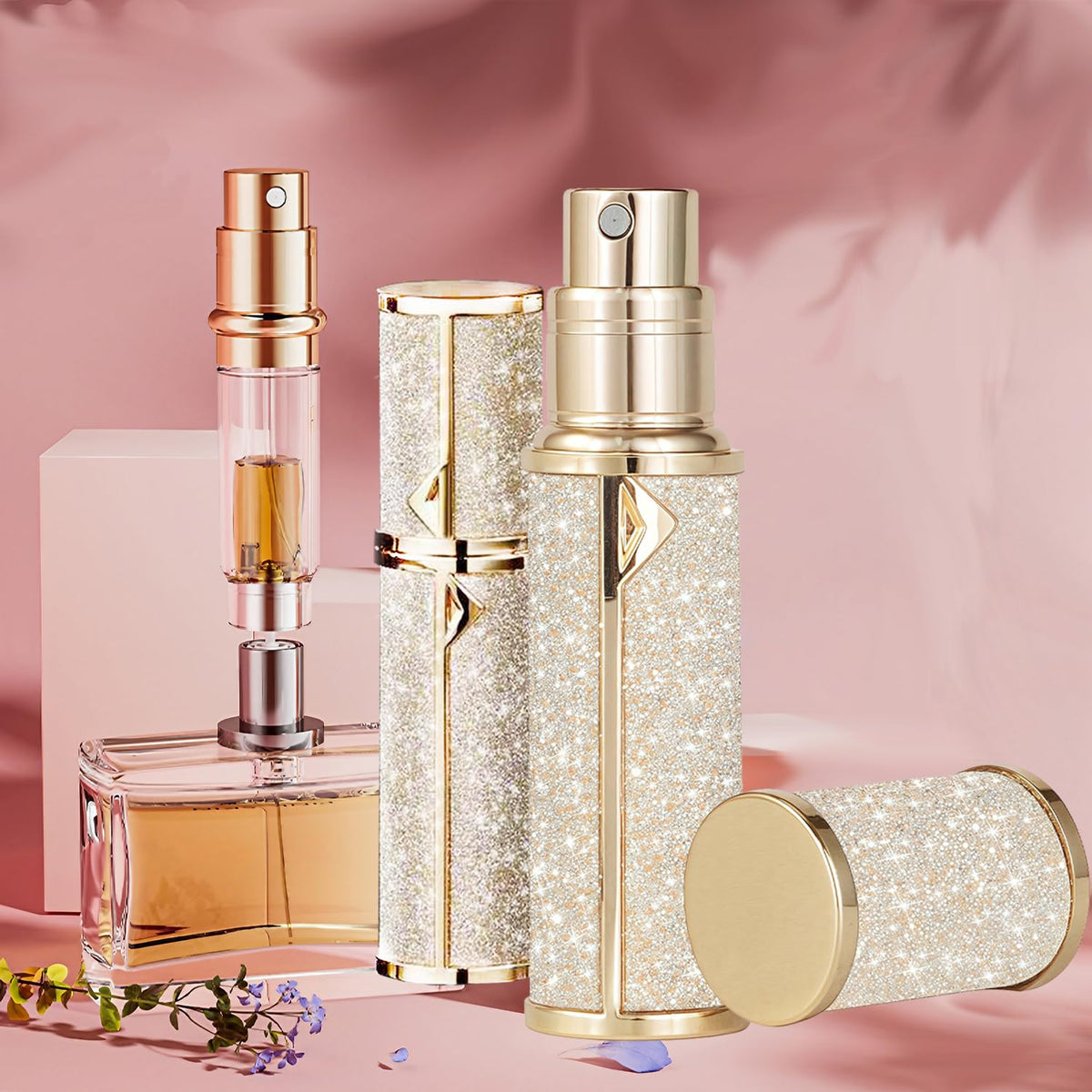 Travel Perfume Bottle Refillable,Atomizer Travel Bottom-Filling Fragrances Perfumes Bottle,Mini Cologne Dispenser, Leak-Proof Portable Sprayer Pocket Size for Women Men Cruise Car Trip Gift 5ML(Gold)