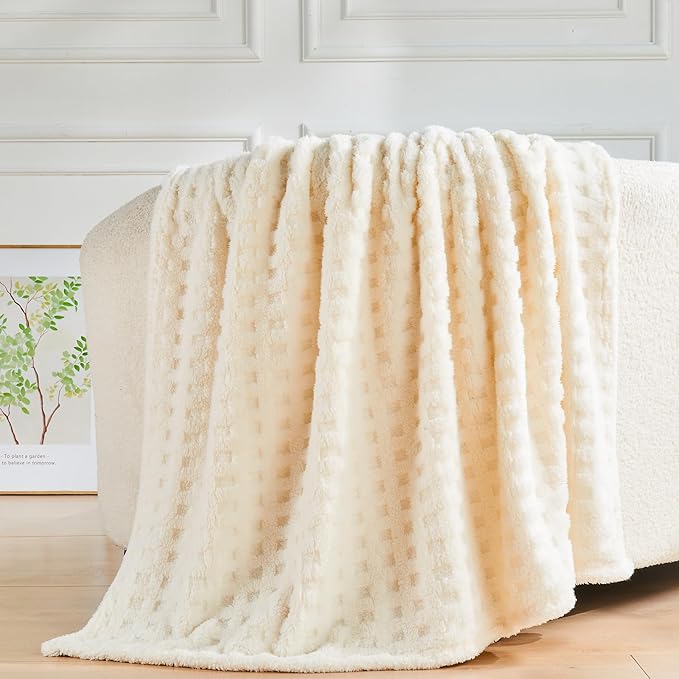 NEWCOSPLAY Super Soft Twin Blanket Ivory Premium Silky Flannel Fleece 3D Waffle Checkered Lightweight Bed Blanket All Season Use (Ivory, Twin(60"x80"))