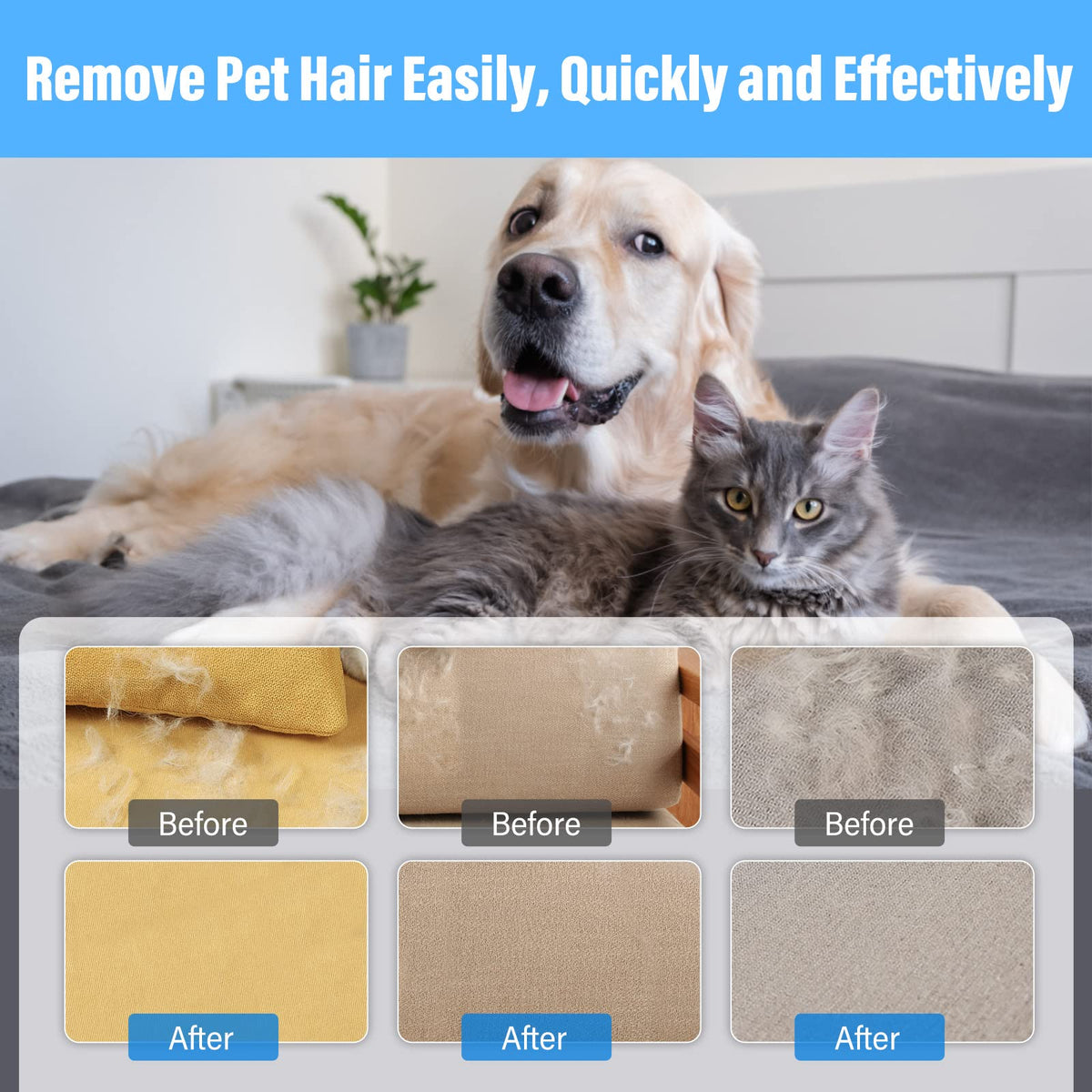 Pet Hair Remover Reusable Cat and Dog Hair Remover Multi-Surface Lint Roller Portable Fur Removal Tool for Furniture,Couch,Carpet,Bedding,Clothes and Car Seats, Non-Slip Handle Self-Cleaning Roller